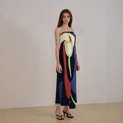 Women's midi dress – Strapless – Abstract print – Elegant fluid cut