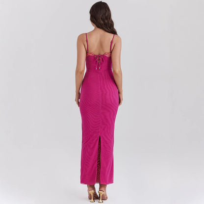 Robe longue femme – Coupe slim – Tissu respirant – Fines bretelles – Finition dentelle