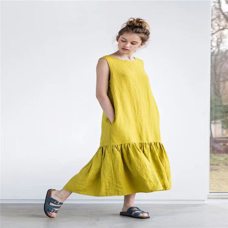 Robe midi femme – Sans manches – Coupe ample – Tissu respirant – Ourlet volanté
