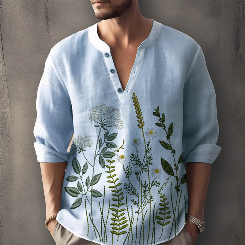 Men's shirt – Loose fit – Floral embroidery – Henley Collar