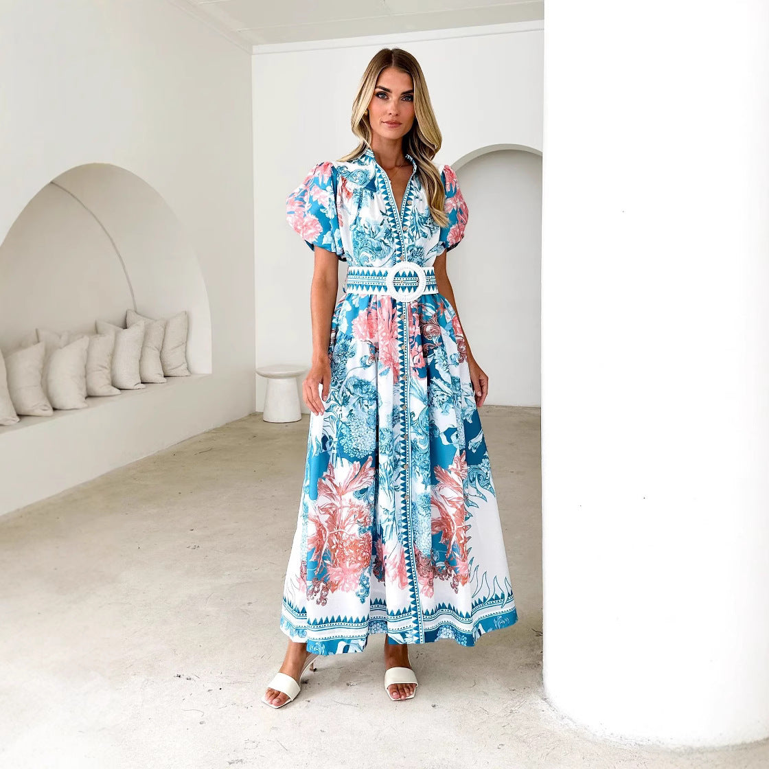 Robe longue femme – Manches bouffantes – Taille ceinturée – Boutonnée