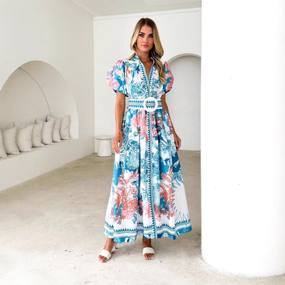 Robe longue femme – Manches bouffantes – Taille ceinturée – Boutonnée