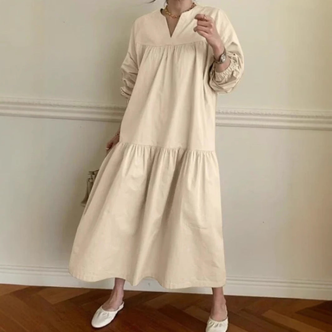 Women's long dress – Cotton linen – Loose fit – Puff sleeves – V neck
