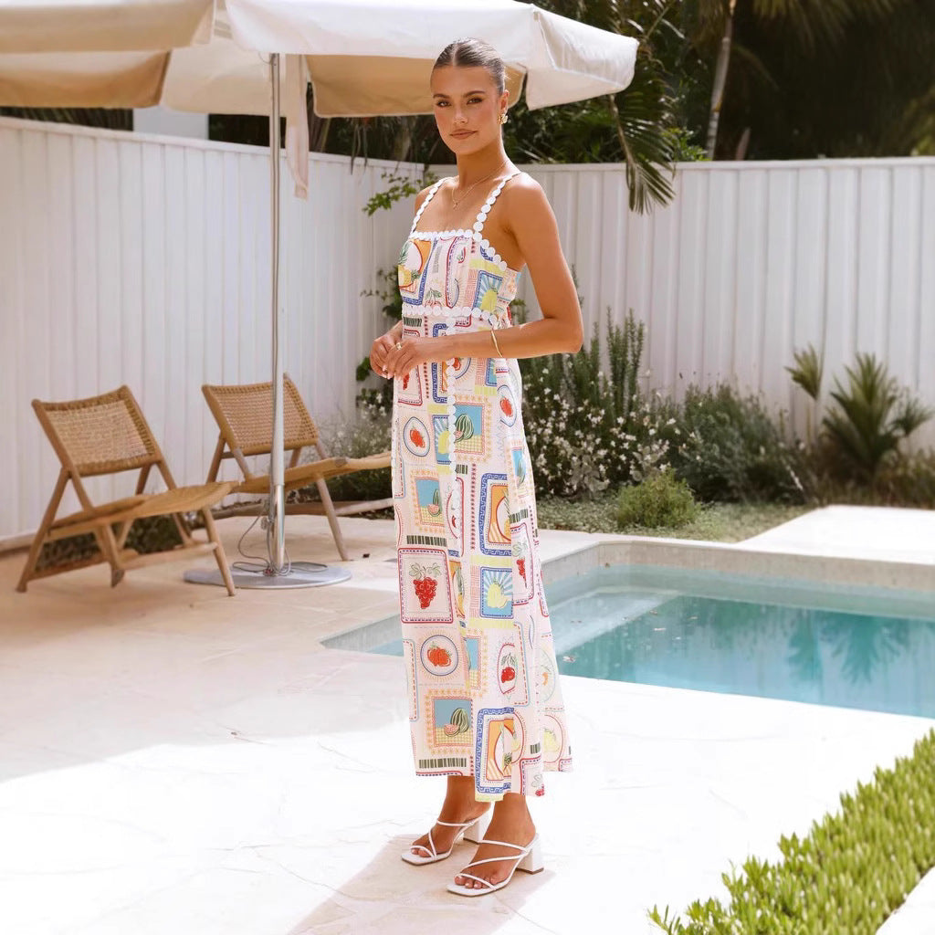 Robe longue femme – Tissu respirant – Coupe fluide – Sans manches – Imprimé géométrique – Détail dentelle