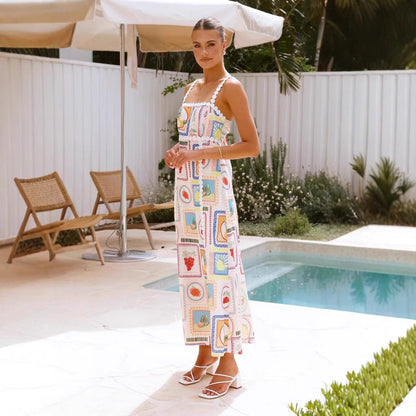 Robe longue femme – Tissu respirant – Coupe fluide – Sans manches – Imprimé géométrique – Détail dentelle