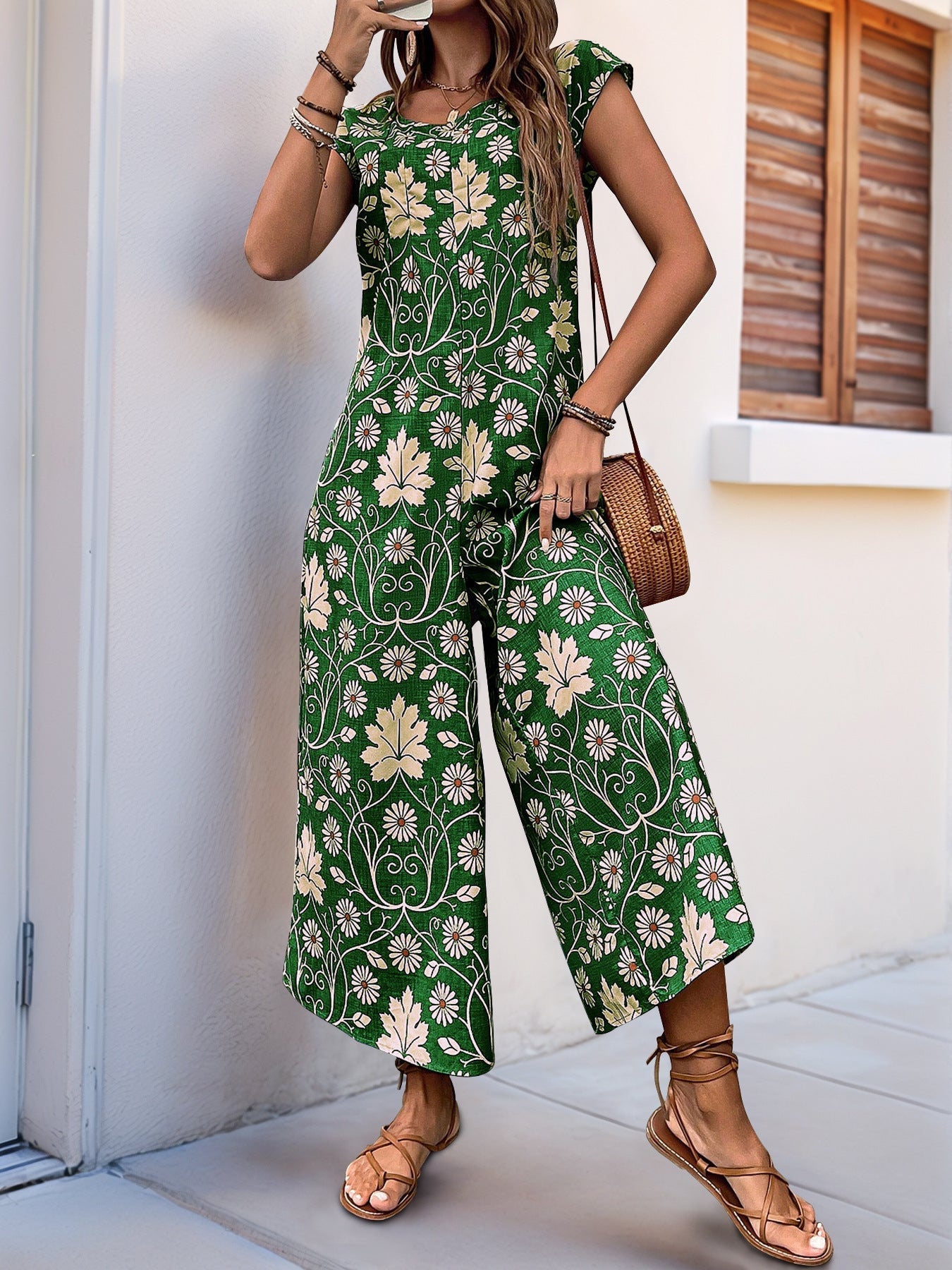 Combinaison femme – Coupe ample – Jambe large – Manches courtes – Imprimé floral