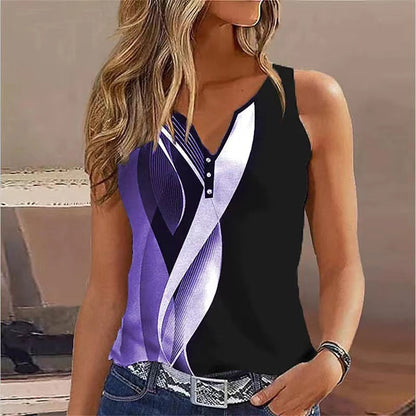 Top sans manches femme – Coupe décontractée – Col en V – Boutons décoratifs – Motif abstrait – Tissu respirant