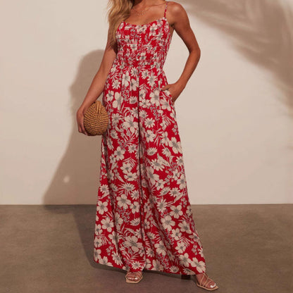 Combinaison Femme – Imprimé Floral – Coupe Large – Bretelles Fines – Haut Smocké