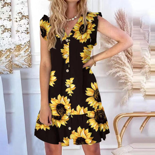Robe Femme Évasée – Imprimé Fleuri – Col V – Sans Manches – Boutonnage – Volants