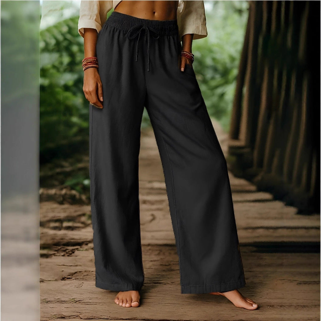 Pantalon femme large – Lin et coton – Taille élastique – Coupe ample