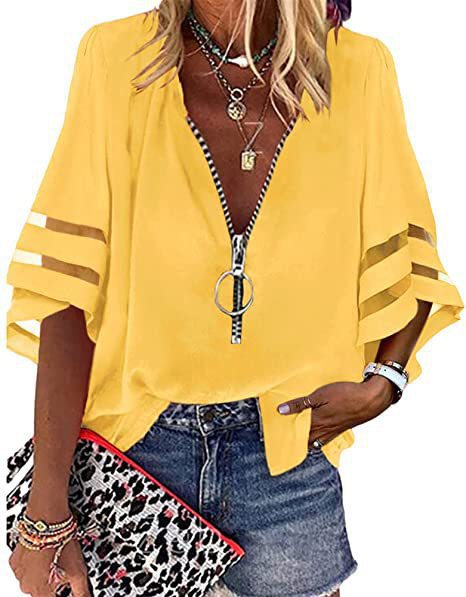 Blouse femme – Coupe décontractée – Manches coude ajourées – Col V zippé