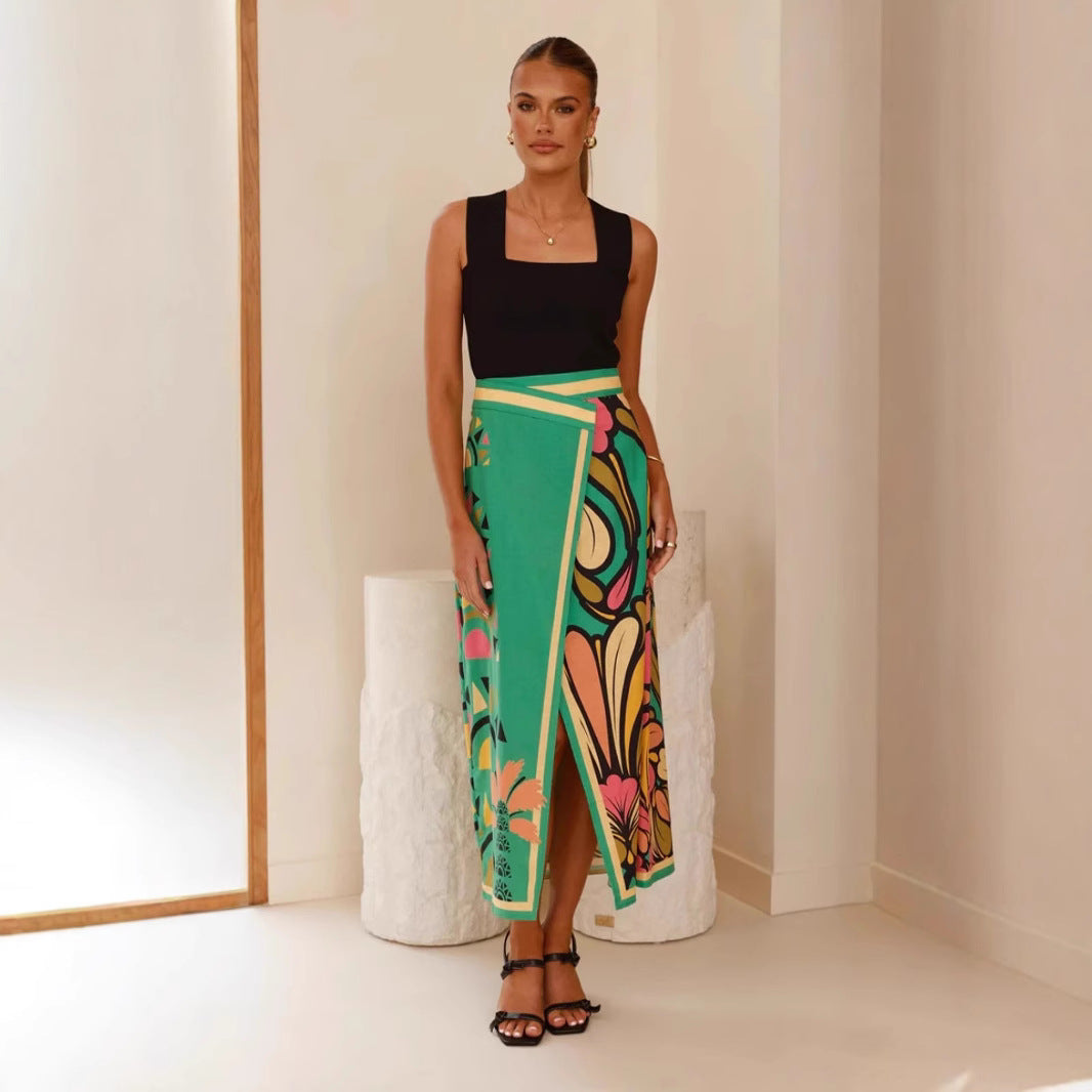 Jupe midi femme – Coupe ajustée – Taille haute – Fente avant – Imprimé abstrait