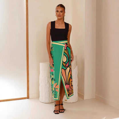 Jupe midi femme – Coupe ajustée – Taille haute – Fente avant – Imprimé abstrait