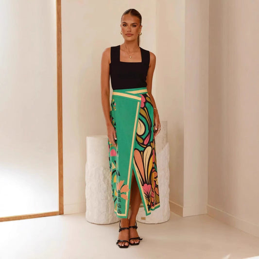 Jupe midi femme – Coupe ajustée – Taille haute – Fente avant – Imprimé abstrait