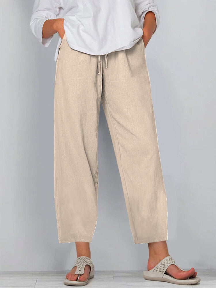Pantalon femme large – Lin coton – Taille élastique avec cordon – Coupe décontractée