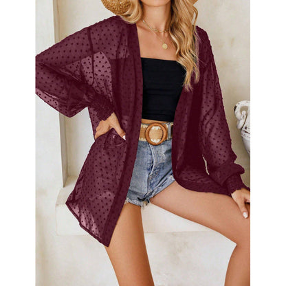 Veste femme – Coupe décontractée – Tissu transparent à pois – Manches bouffantes
