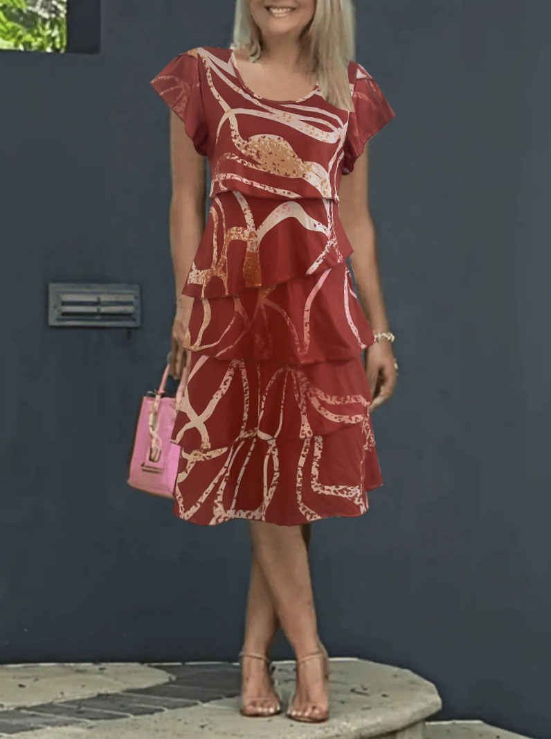 Robe midi femme – Coupe fluide – Manches volantées – Imprimé vif – Style décontracté
