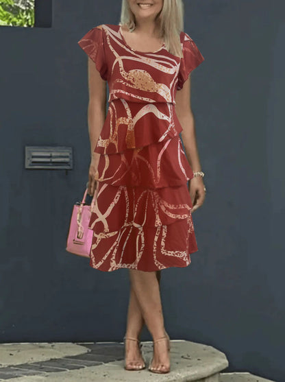 Robe midi femme – Coupe fluide – Manches volantées – Imprimé vif – Style décontracté