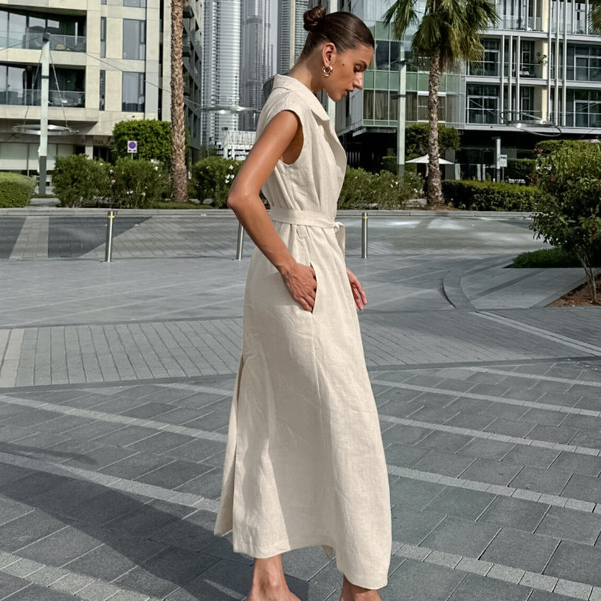 Robe femme longue – Taille haute – Lin coton – Sans manches – Ceinture nouée – Fente devant