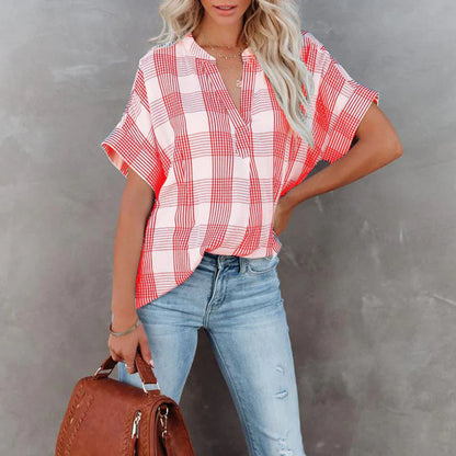 Blouse femme – Coupe décontractée – Motif à carreaux – Manches courtes – Coton