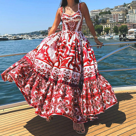 Robe longue pour femme – Coupe Fluide – Tissu Respirant – Jupe Volants – Imprimé Élégant