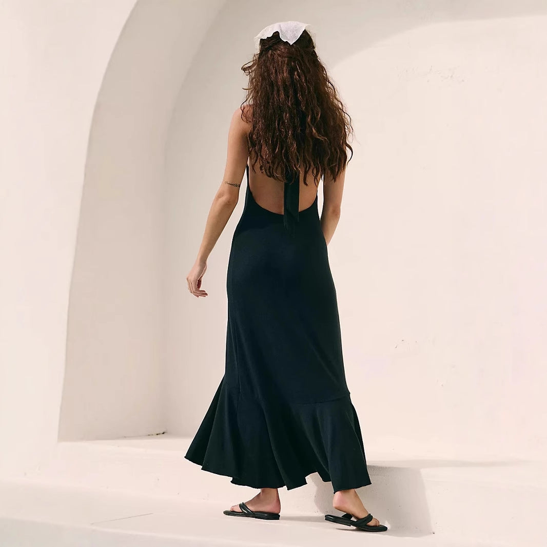 Robe longue femme – Col halter – Décolleté plongeant – Tissu fluide respirant