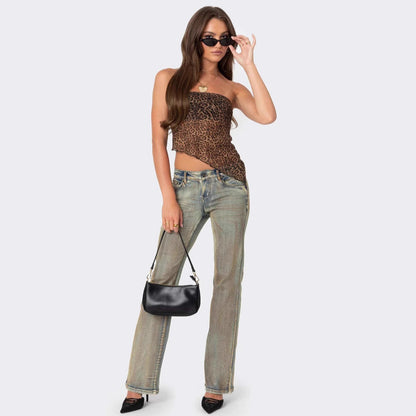 Haut tube femme – Coupe slim – Sans bretelles – Imprimé audacieux – Ourlet asymétrique
