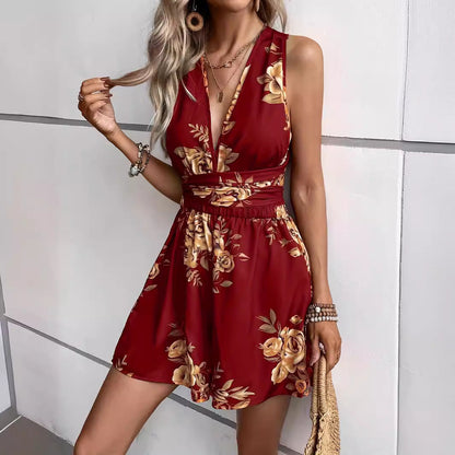Combinaison femme – Décolleté en V – Sans manches – Taille cintrée – Imprimé floral