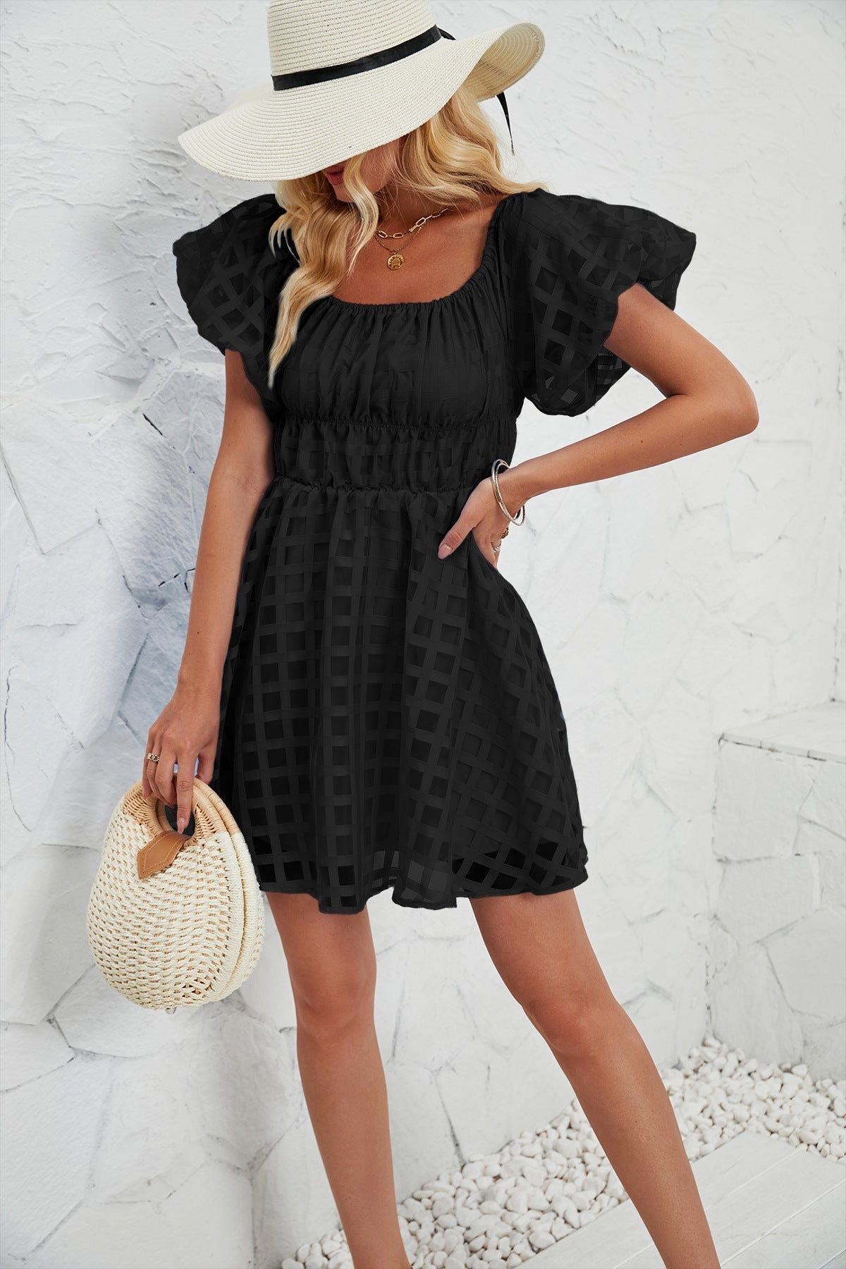 Robe mini femme – Manches bouffantes – Encolure carrée – Taille froncée – Tissu léger