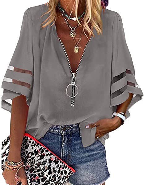 Blouse femme – Coupe décontractée – Manches coude ajourées – Col V zippé