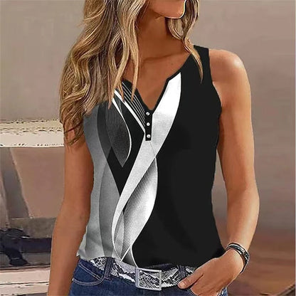 Top sans manches femme – Coupe décontractée – Col en V – Boutons décoratifs – Motif abstrait – Tissu respirant