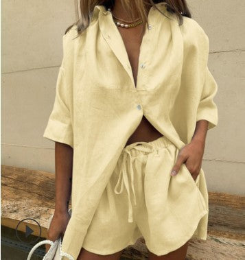 Ensemble Deux Pièces Femme – Lin Léger – Chemise Ample Boutonnée – Short Taille Haute