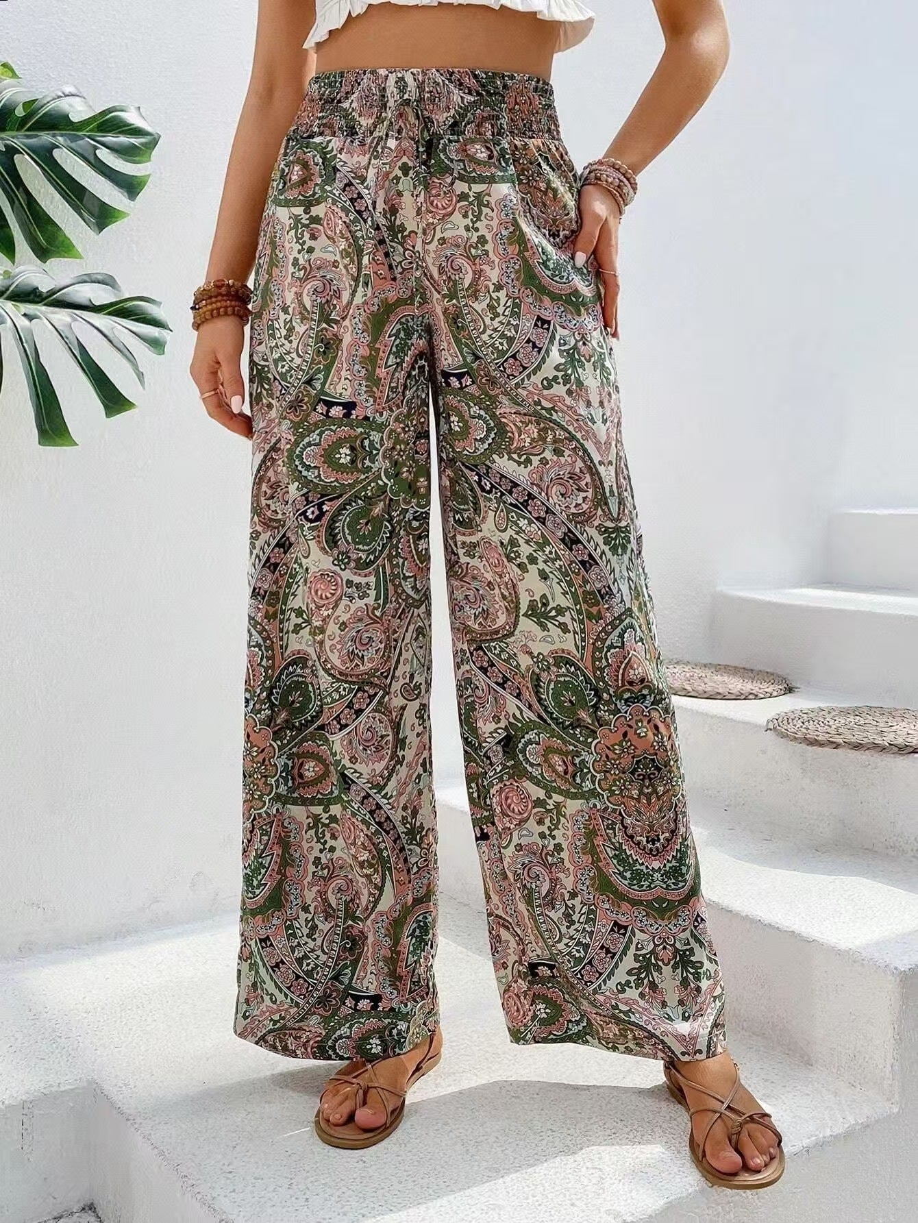 Pantalon femme large – Motif cachemire – Taille élastique – Tissu fluide respirant