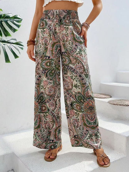 Pantalon femme large – Motif cachemire – Taille élastique – Tissu fluide respirant