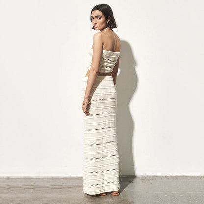 Ensemble Femme Deux Pièces – Haut Bandeau Crochet Croisé – Jupe Midi Taille Haute