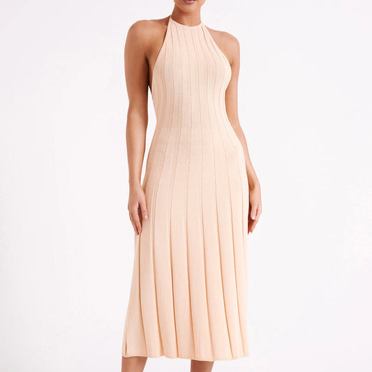 Robe midi femme – Maille douce – Coupe ajustée – Col halter – Jupe plissée