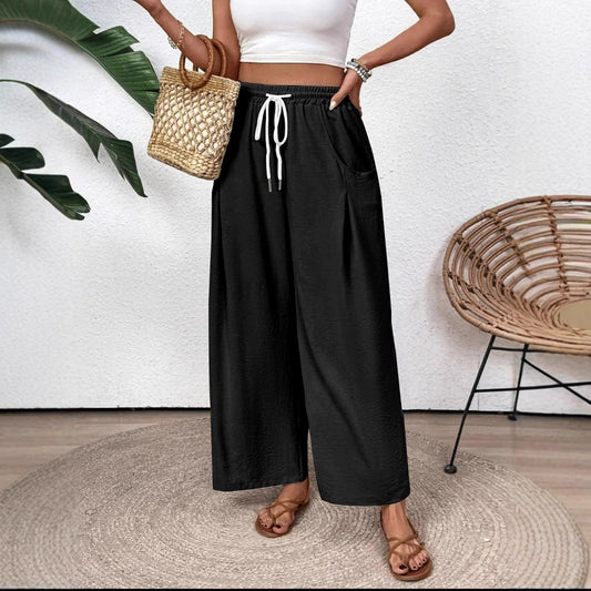 Pantalon large femme – Coupe décontractée – Taille élastique avec cordon