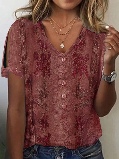 Blouse femme – Coupe décontractée – Tissu respirant – Col V – Broderie bohème
