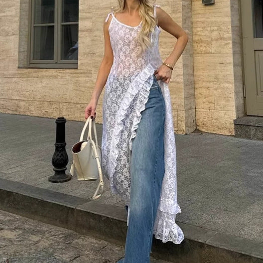 Robe en dentelle femme – Coupe évasée – Décolleté en V – Fente côté – Bretelles à nœud