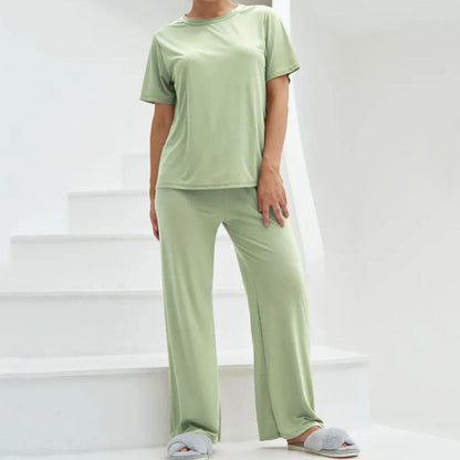 Women's Loungewear Set – Cropped Top Short Sleeves – Wide Pants – Drawstring Waist