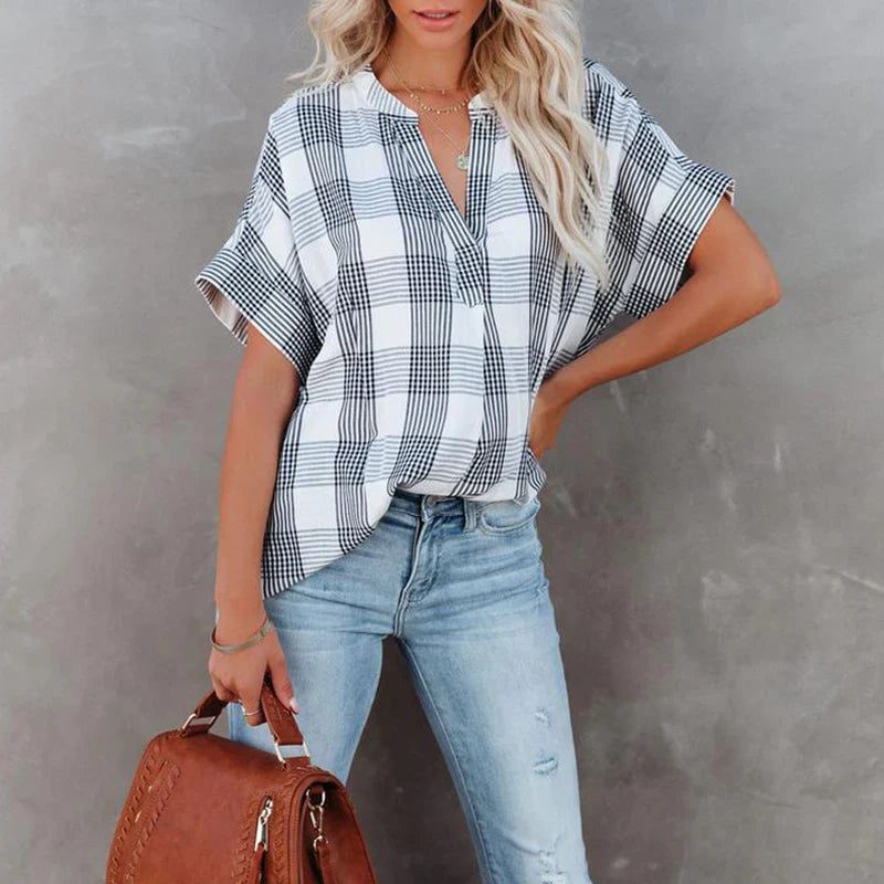 Blouse femme – Coupe décontractée – Motif à carreaux – Manches courtes – Coton