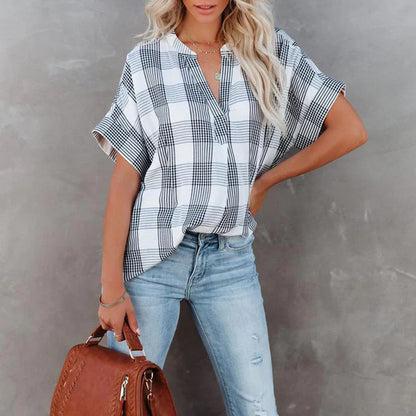 Blouse femme – Coupe décontractée – Motif à carreaux – Manches courtes – Coton