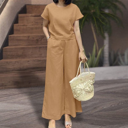 Ensemble deux pièces pour femme - Coupe ample - Top à manches courtes et col rond - Pantalon large à taille élastique