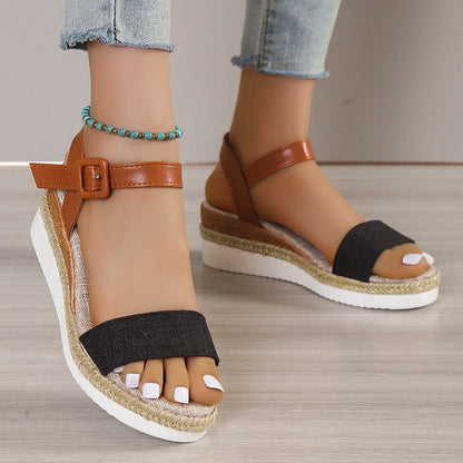 Sandales compensées femme – Bout ouvert – Semelle jute – Bride boucle ajustable