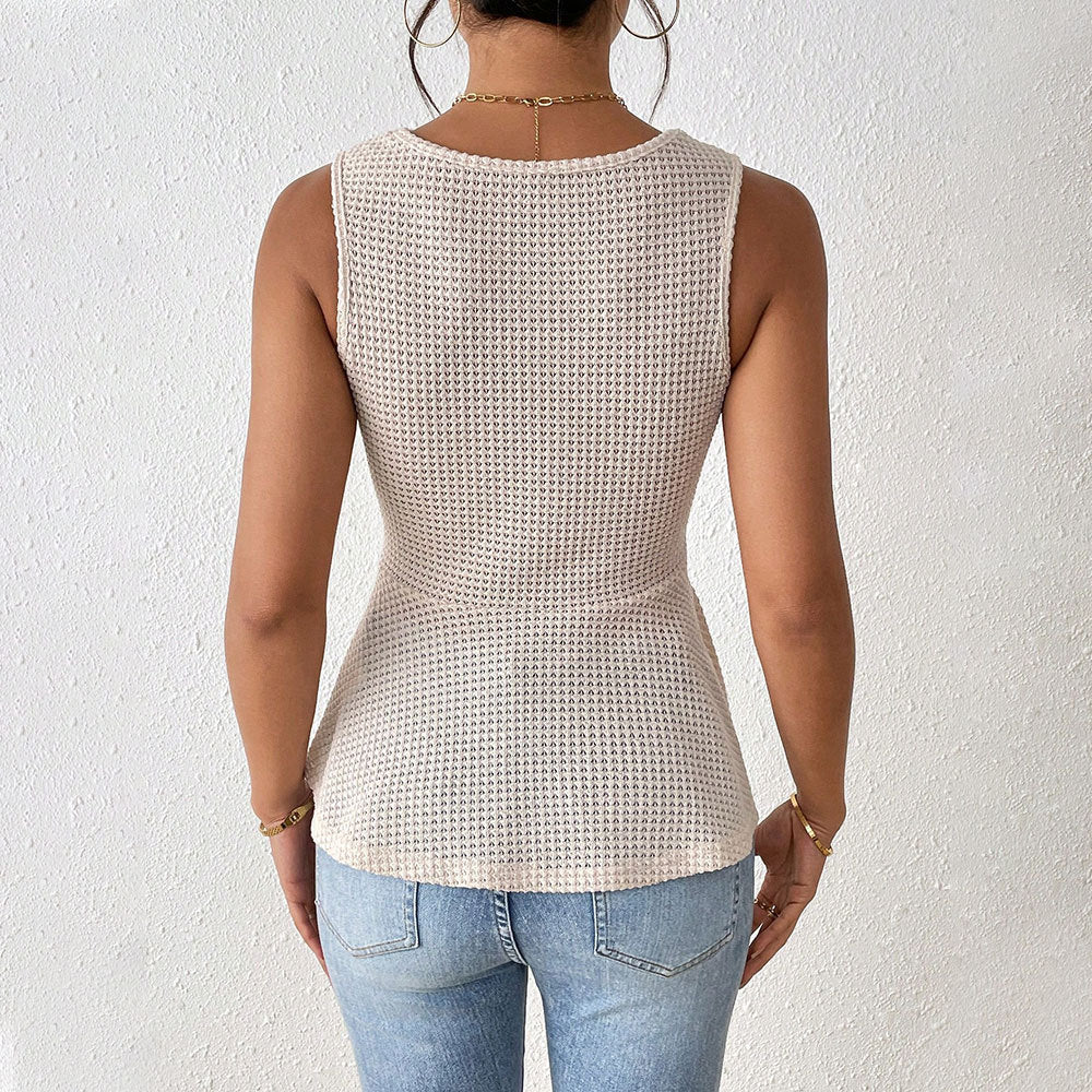 Débardeur Femme – Coupe Ajustée – Col V – Noeud Frontal – Ourlet Évasé Maille Douce