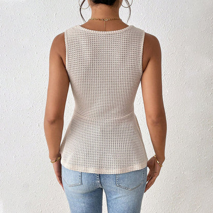 Débardeur Femme – Coupe Ajustée – Col V – Noeud Frontal – Ourlet Évasé Maille Douce