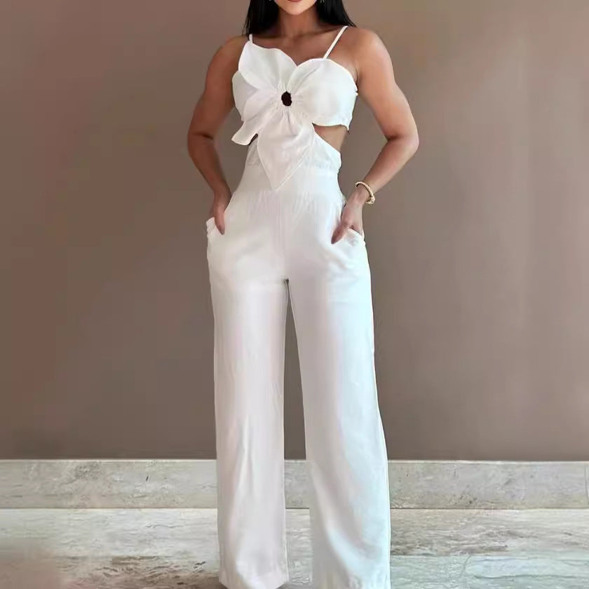 Combinaison pantalon femme – Dos nu – Tissu respirant – Jambes larges – Nœud devant