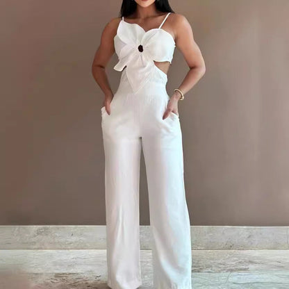 Combinaison pantalon femme – Dos nu – Tissu respirant – Jambes larges – Nœud devant