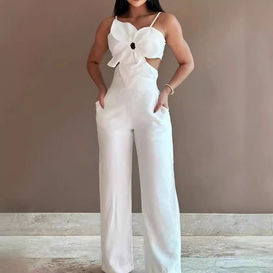 Combinaison pantalon femme – Dos nu – Tissu respirant – Jambes larges – Nœud devant