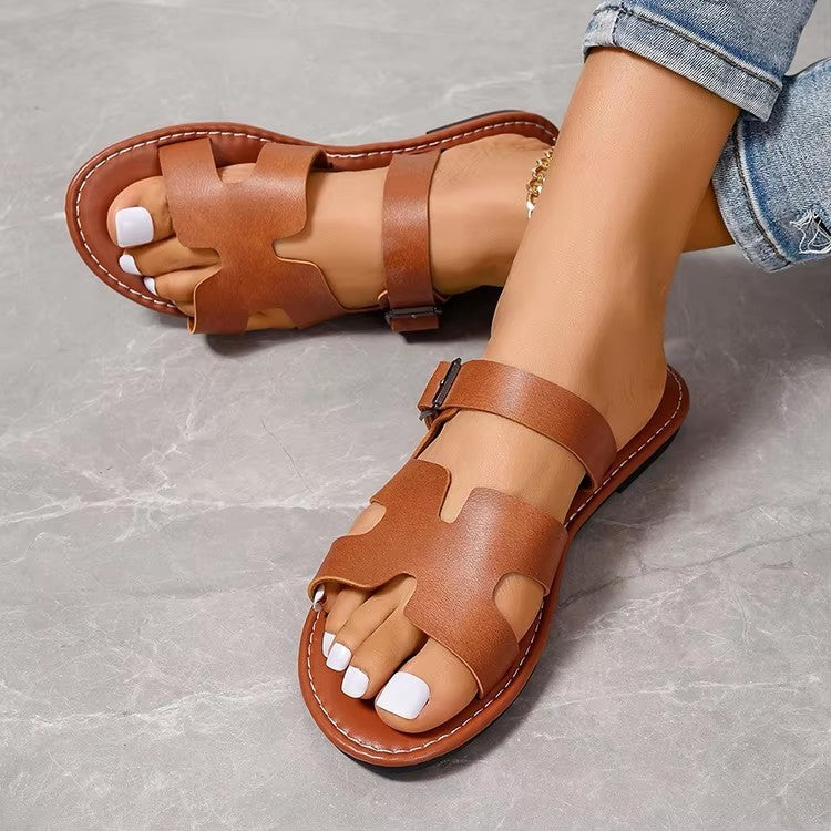 Sandales femme – Bout ouvert – Bride à boucle réglable – Semelle plate confort